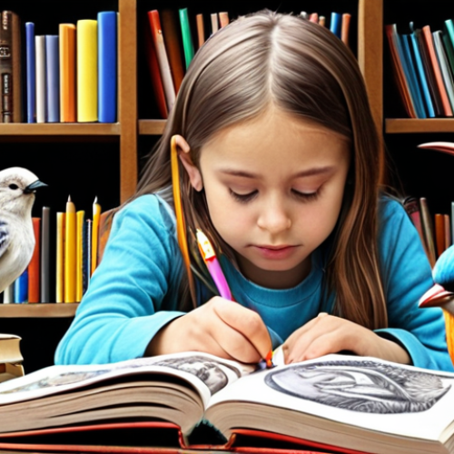 Home 19 **A young girl enthusiastically drawing birds with colorful pencils, surrounded by open books about different bird species, showcasing intrinsic motivation for learning.**