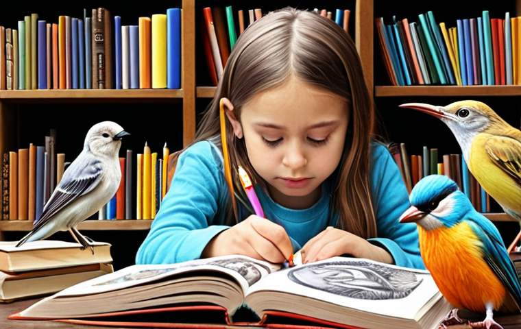 **A young girl enthusiastically drawing birds with colorful pencils, surrounded by open books about different bird species, showcasing intrinsic motivation for learning.**