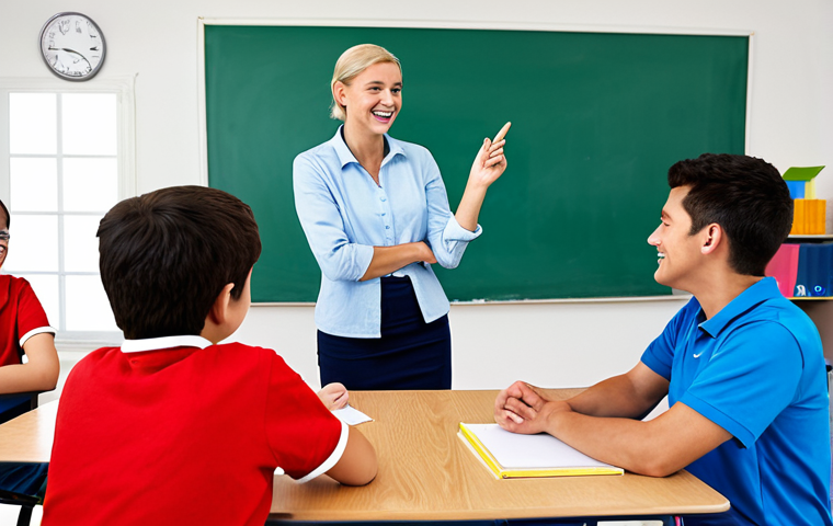 **

"A friendly teacher interacting with students in a bright and cheerful classroom, fully clothed, appropriate attire, safe for work. The scene includes collaborative group work and engaging discussions. Perfect anatomy, correct proportions, natural pose, well-formed hands, proper finger count, natural body proportions, high quality, professional."

**