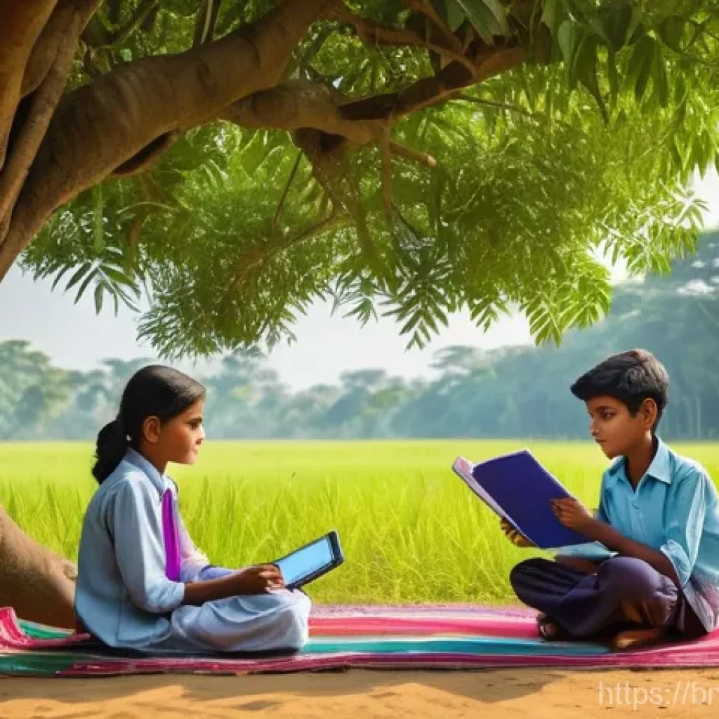 학습권과 교육 기회 균등 - **Prompt:** "A vibrant illustration of digital learning bridging the urban-rural divide in Banglades...