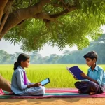 학습권과 교육 기회 균등 - **Prompt:** "A vibrant illustration of digital learning bridging the urban-rural divide in Banglades...