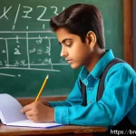 Home 20 수학적 사고력 교육 - A thoughtful Bengali student sitting at a traditional wooden desk in a cozy, sunlit room, deeply foc...