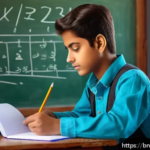 Home 32 수학적 사고력 교육 - A thoughtful Bengali student sitting at a traditional wooden desk in a cozy, sunlit room, deeply foc...