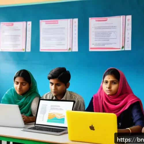 Home 30 이러닝 콘텐츠 제작 - A vibrant and modern e-learning classroom scene featuring Bangladeshi students attentively engaged w...