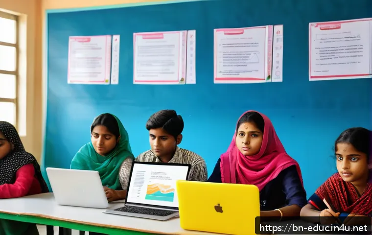 이러닝 콘텐츠 제작 - A vibrant and modern e-learning classroom scene featuring Bangladeshi students attentively engaged w...